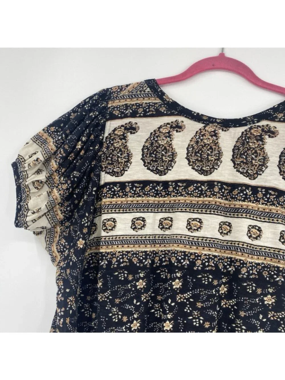 Free People Size M Paisley Puff Sleeve High Neck Black Low Scoop Back Shirt Top